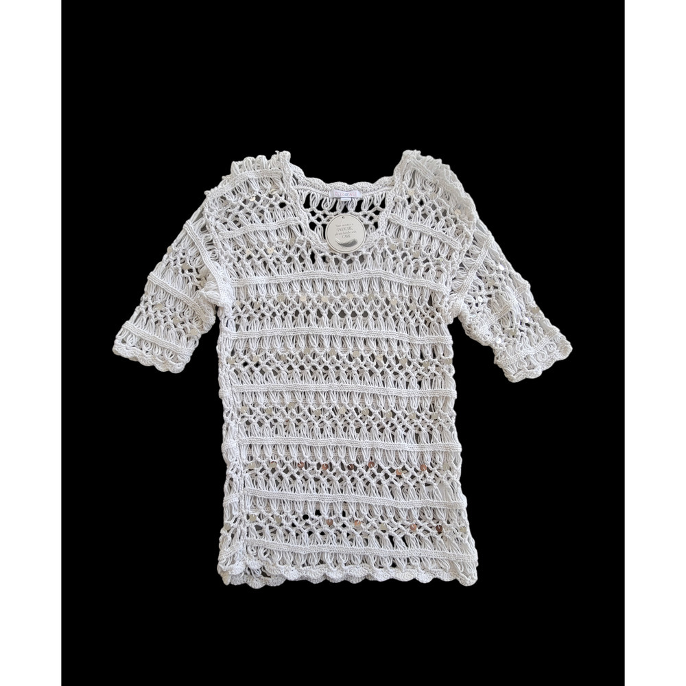 NWT Roz & Ali Open Weave Crochet Macrame Sequined Pullover Swim Coverup Shirt‎ S